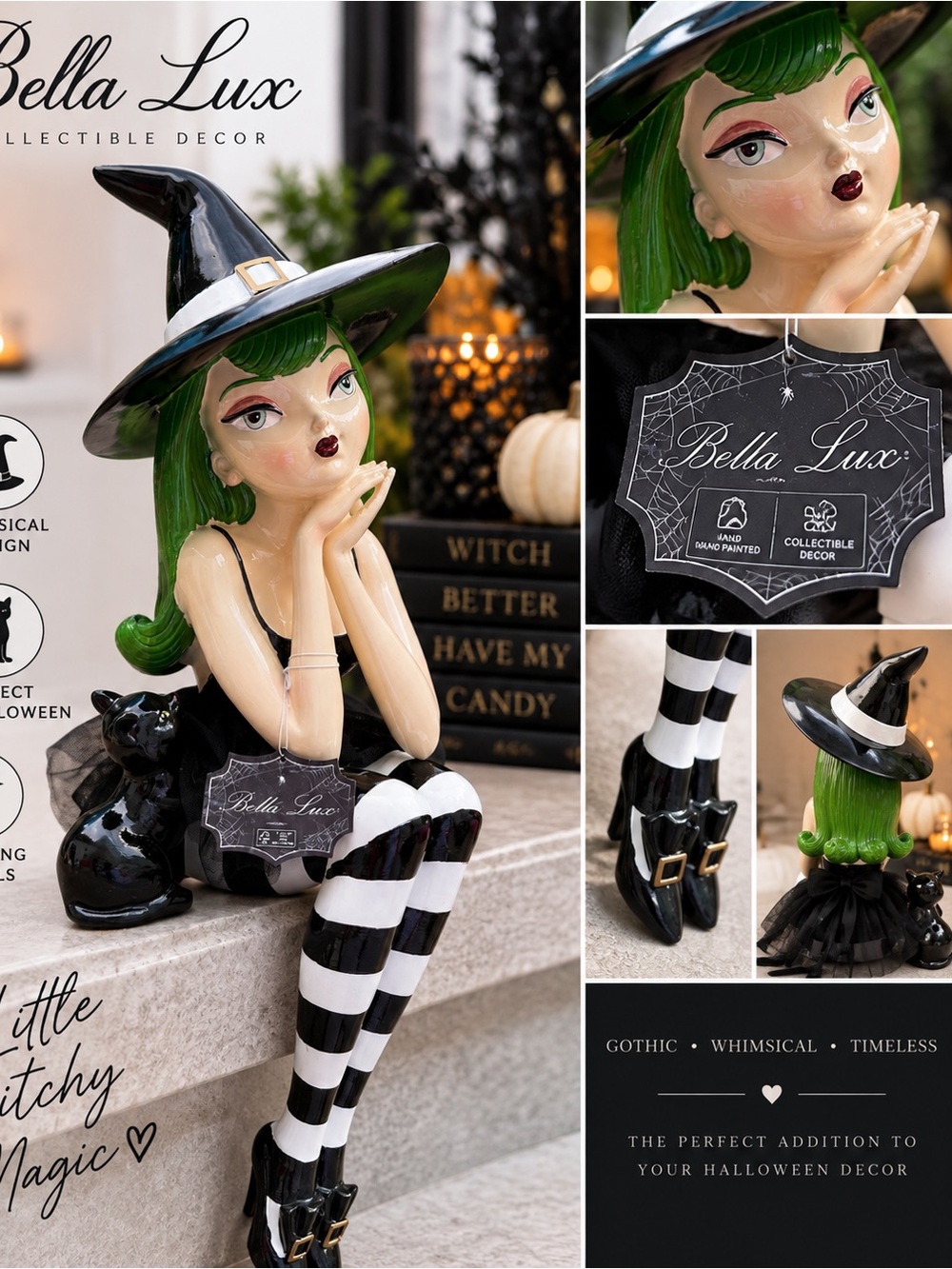 Bella Lux Witch Figurine with Green Hair and black cat NEW